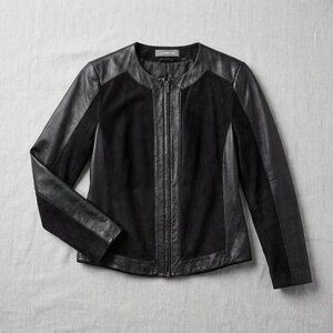 Vintage Liz Claiborne Size 10 Black Leather & Suede Mixed Media Zip Front Jacket